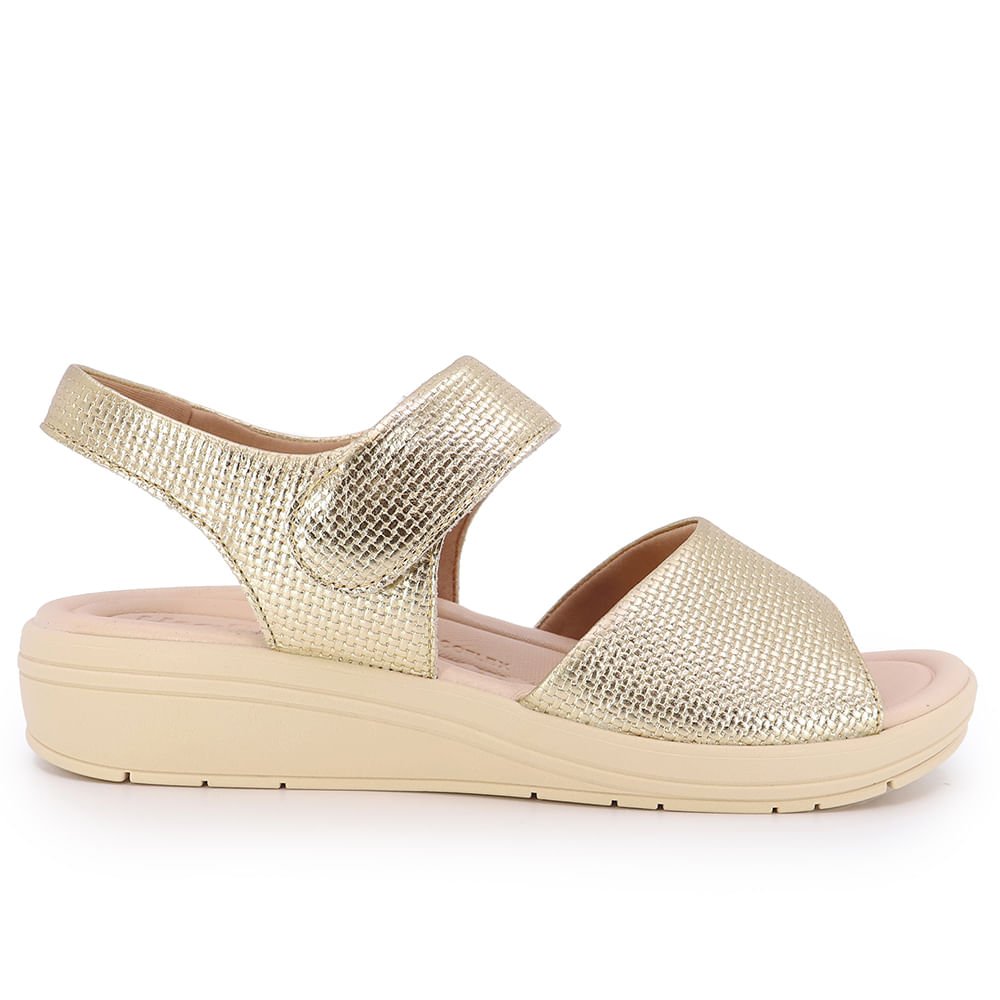 Sandália Salto Anabela Couro Metalizado Dourado Fecho-Flex
