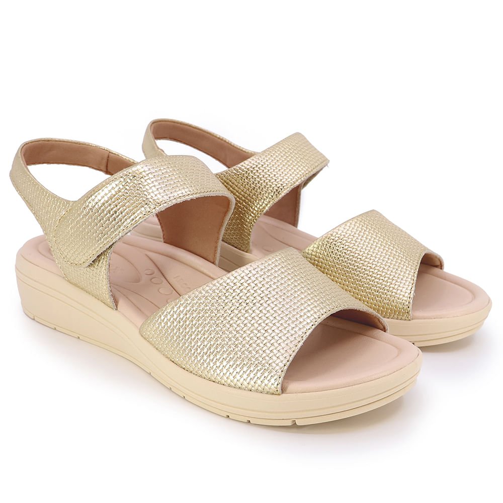 Sandália Salto Anabela Couro Metalizado Dourado Fecho-Flex Dourado 2