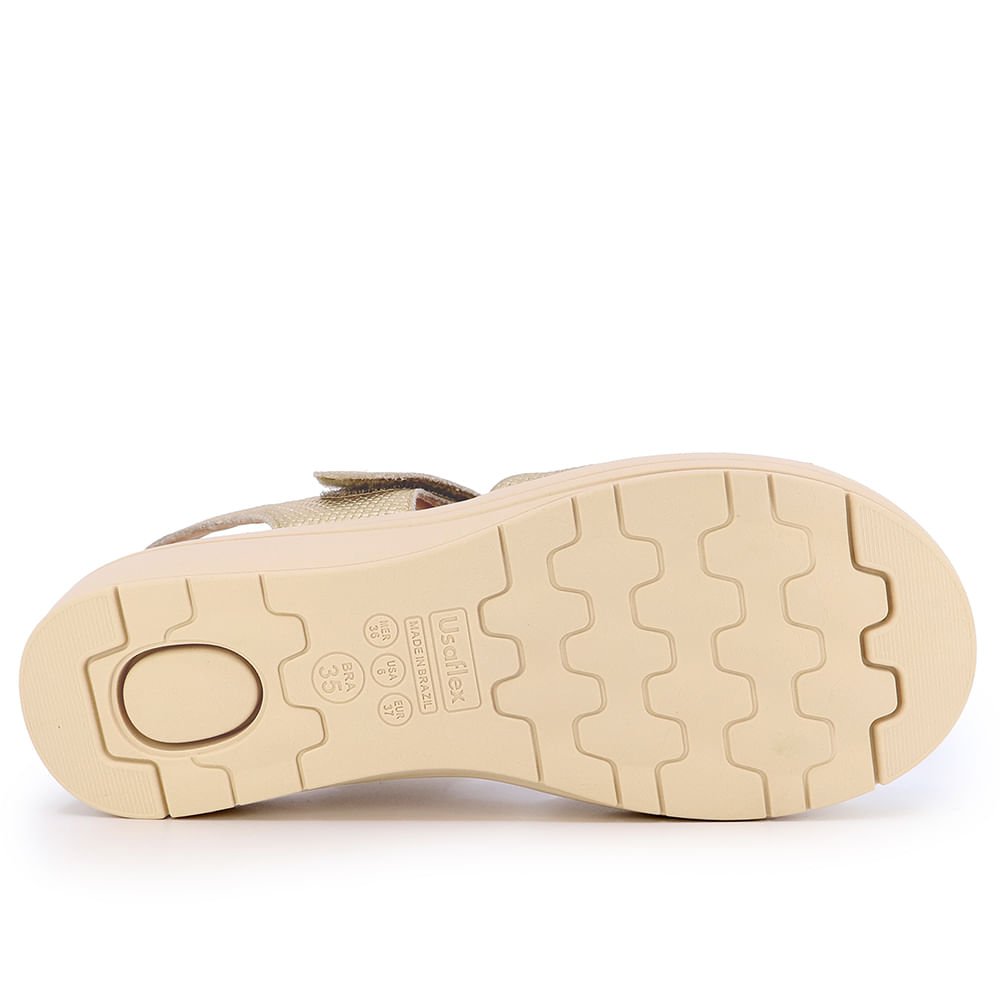 Sandália Salto Anabela Couro Metalizado Dourado Fecho-Flex Dourado 5