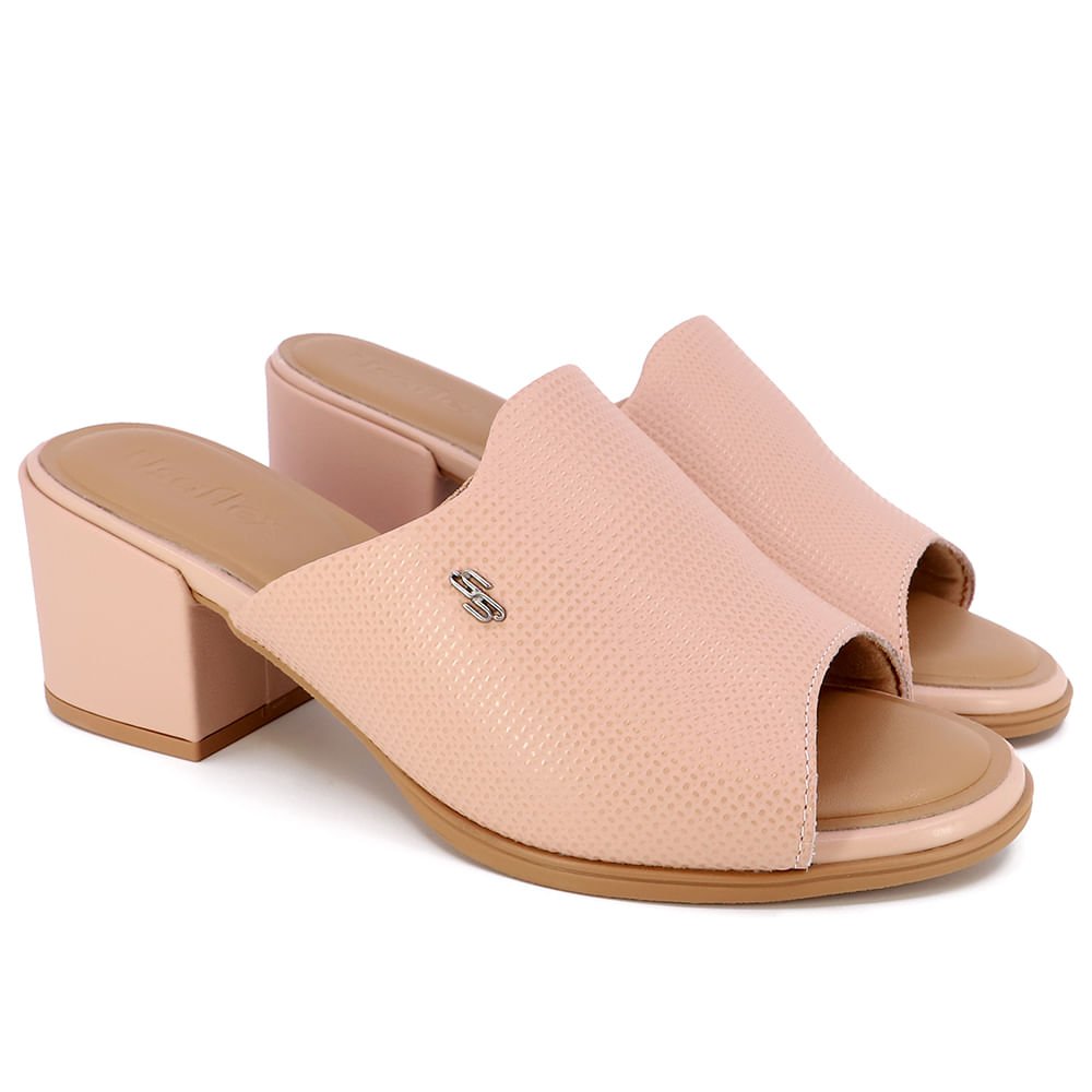 Tamanco Salto Bloco Couro Rosa Texturizado Rosa 2
