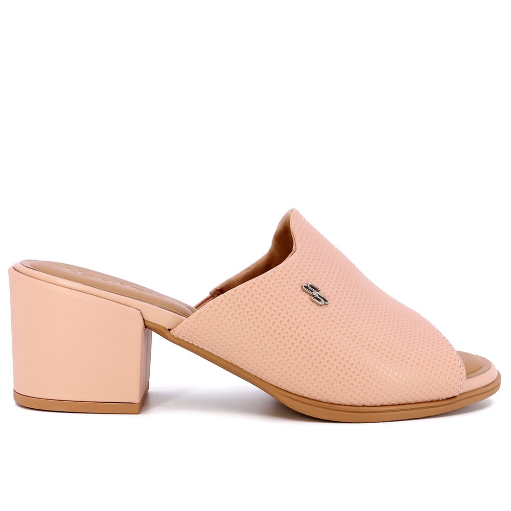 Tamanco Salto Bloco Couro Rosa Texturizado