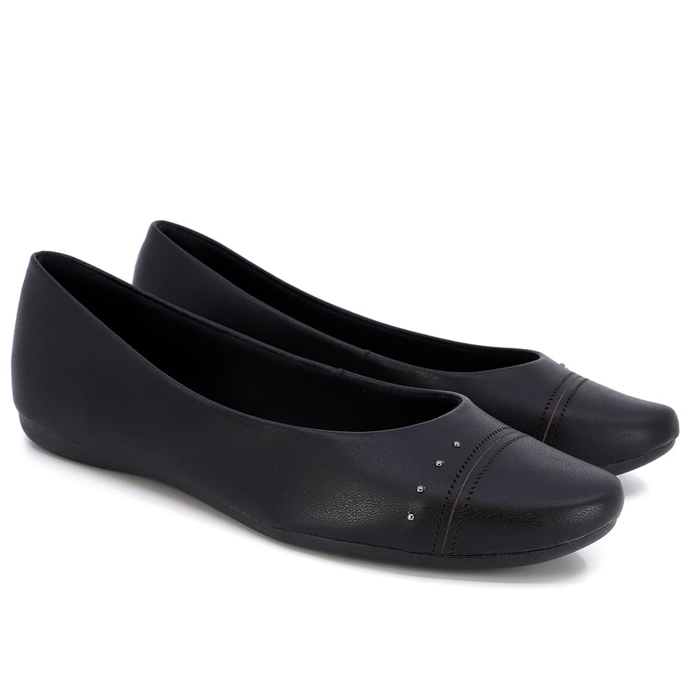 Sapatilha Preta Couro Salto Rasteiro Detalhe Laser Preto 2