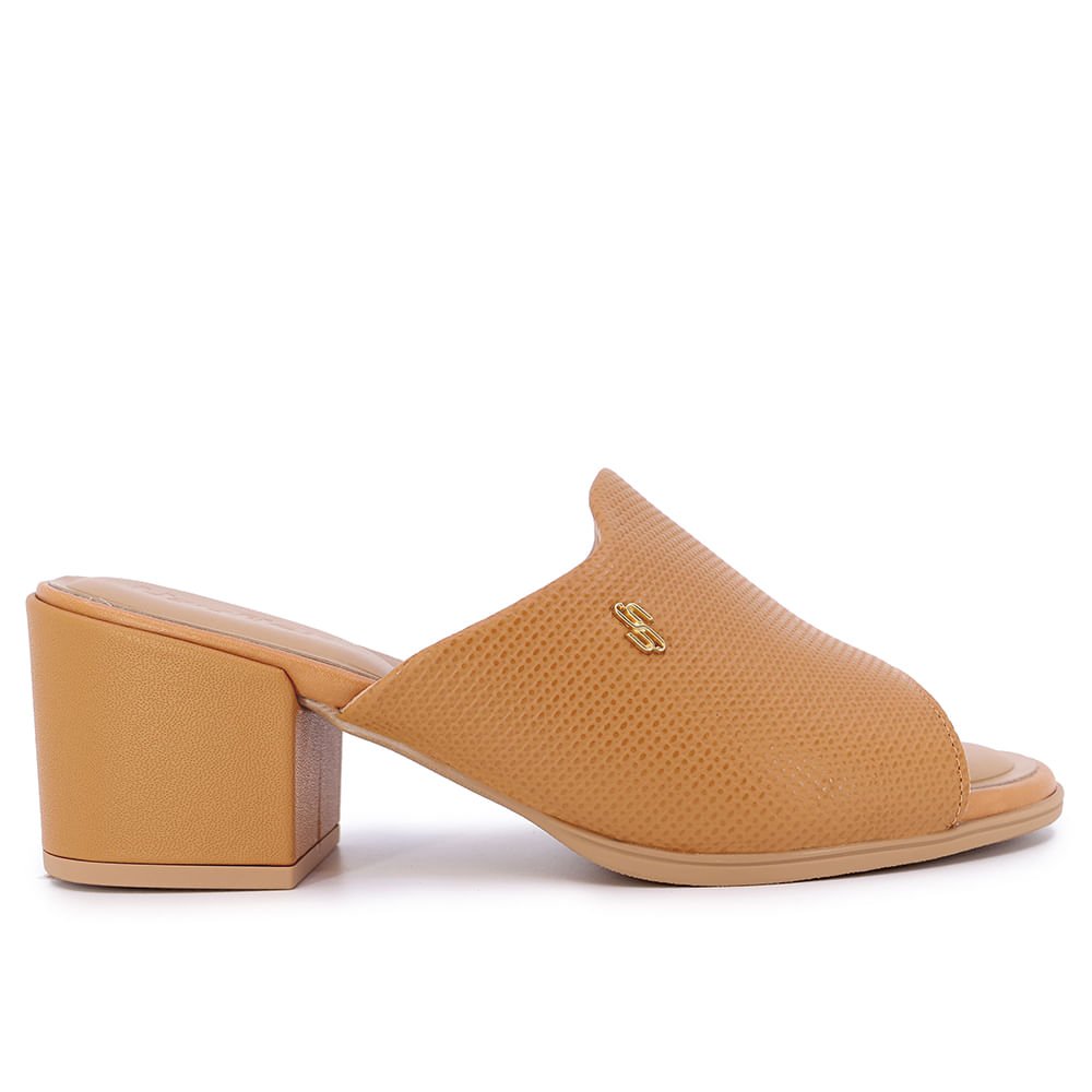 Tamanco Salto Bloco Couro Marrom Texturizado