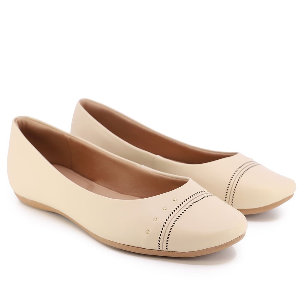 Sapatilha Bege Couro Salto Rasteiro Detalhe Laser Bege 2