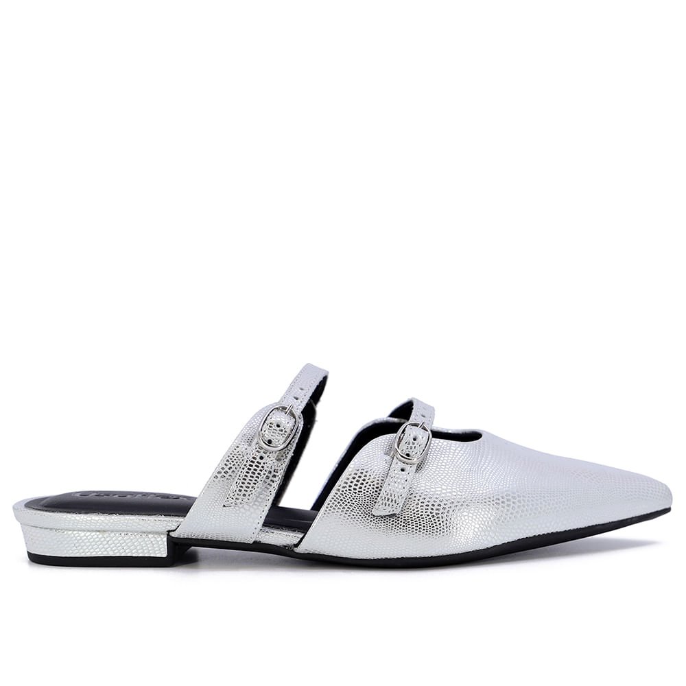 Mule Metalizado Prata Bico Fino Couro Fivela