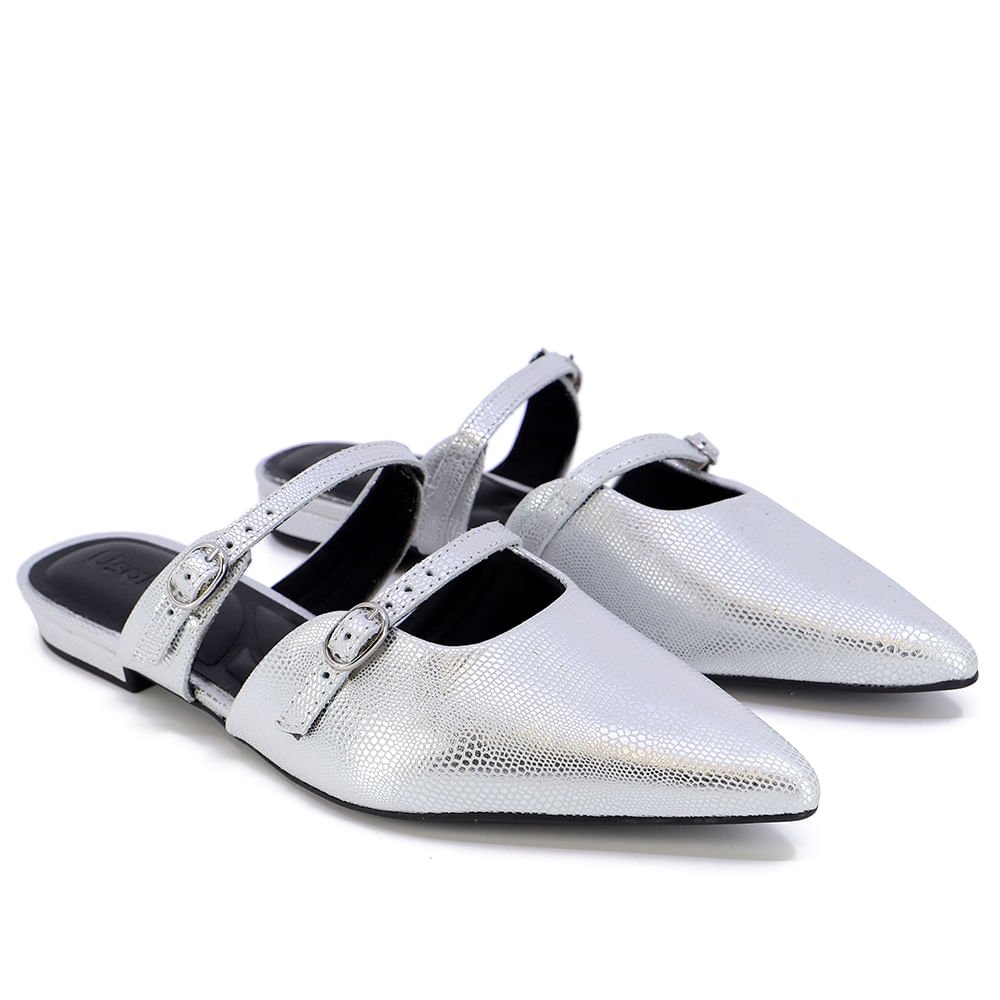 Mule Metalizado Prata Bico Fino Couro Fivela Prata 2