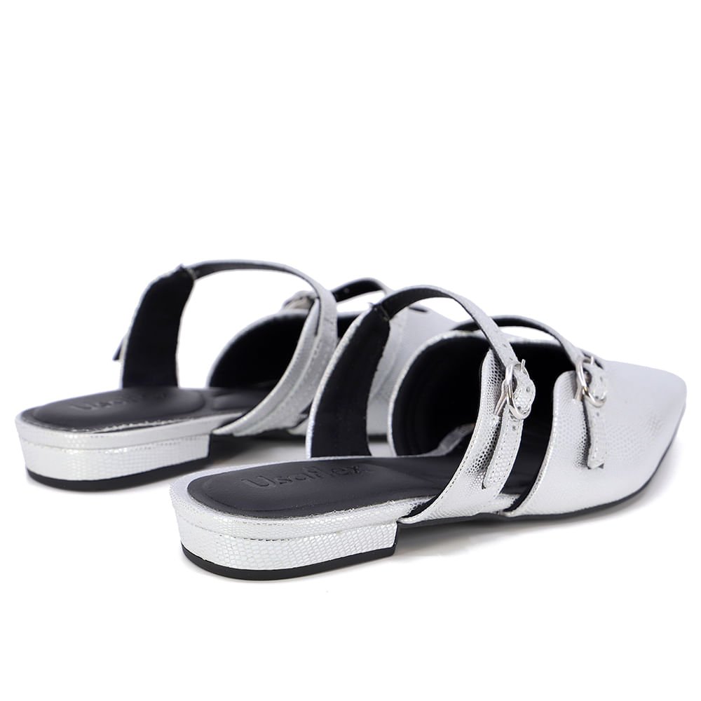 Mule Metalizado Prata Bico Fino Couro Fivela Prata 3