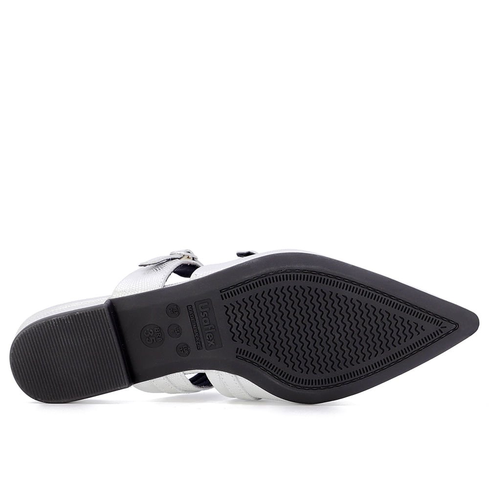 Mule Metalizado Prata Bico Fino Couro Fivela Prata 5