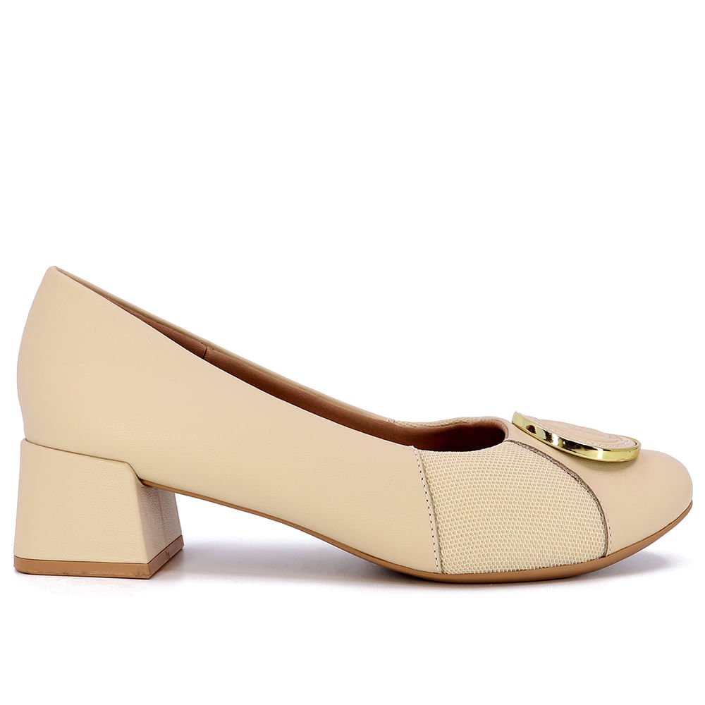 Scarpin Bege Salto Bloco Couro Monograma
