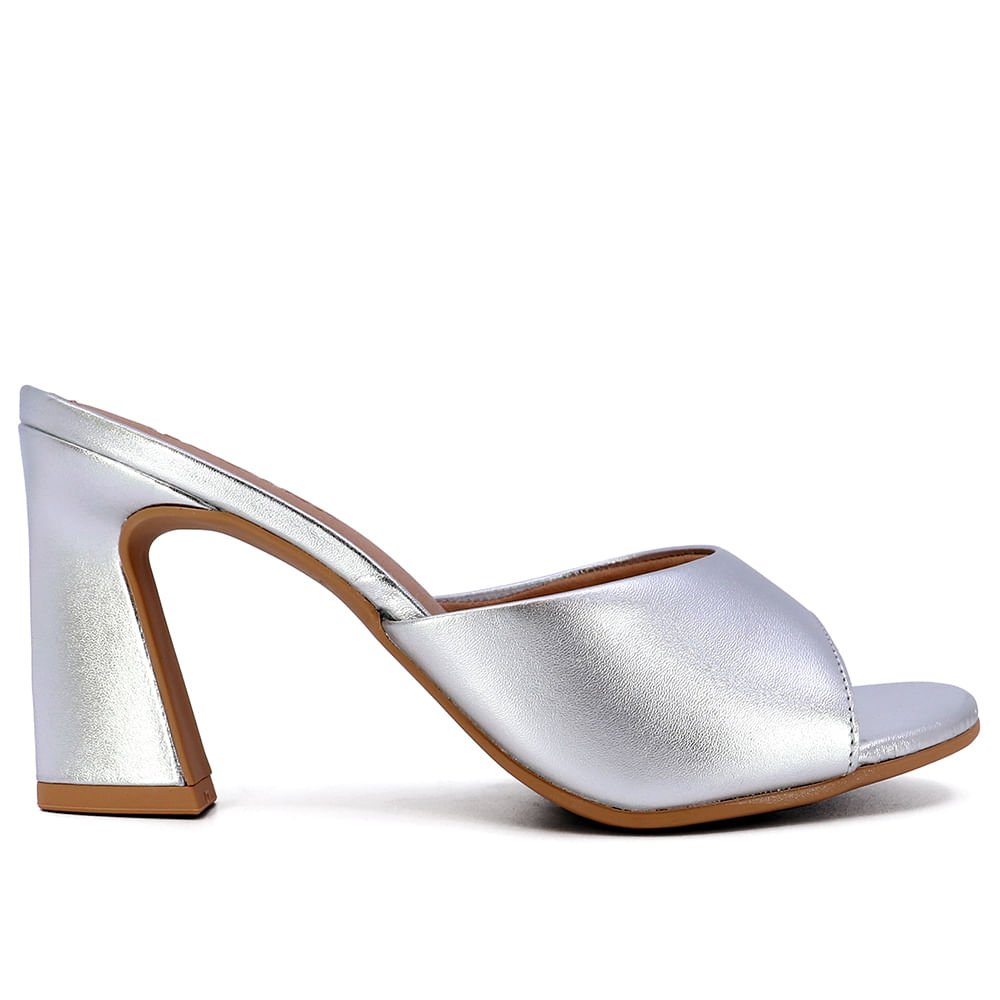 Tamanco Salto Alto Couro Metalizado Prata