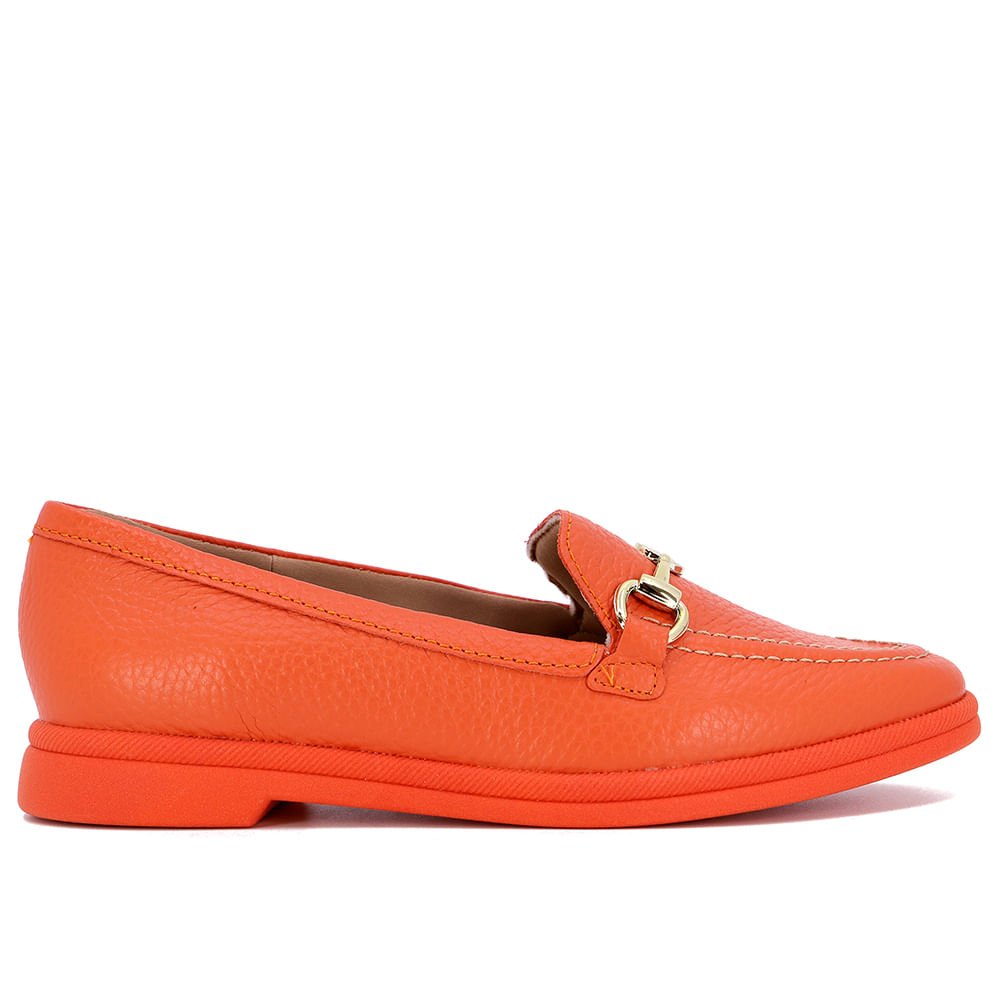 Loafer Laranja Salto Bloco Couro Fivela