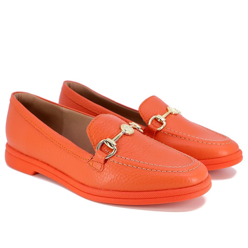 Loafer Laranja Salto Bloco Couro Fivela Laranja 2