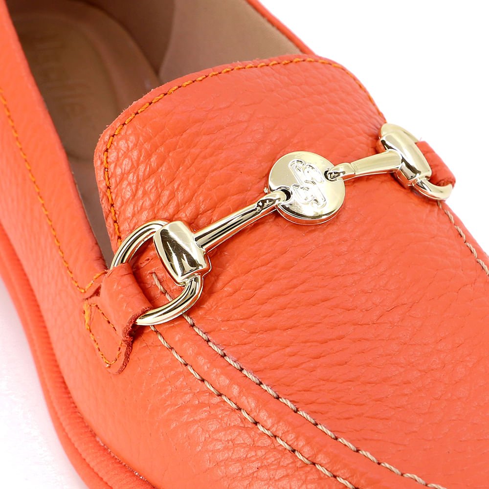 Loafer Laranja Salto Bloco Couro Fivela Laranja 4