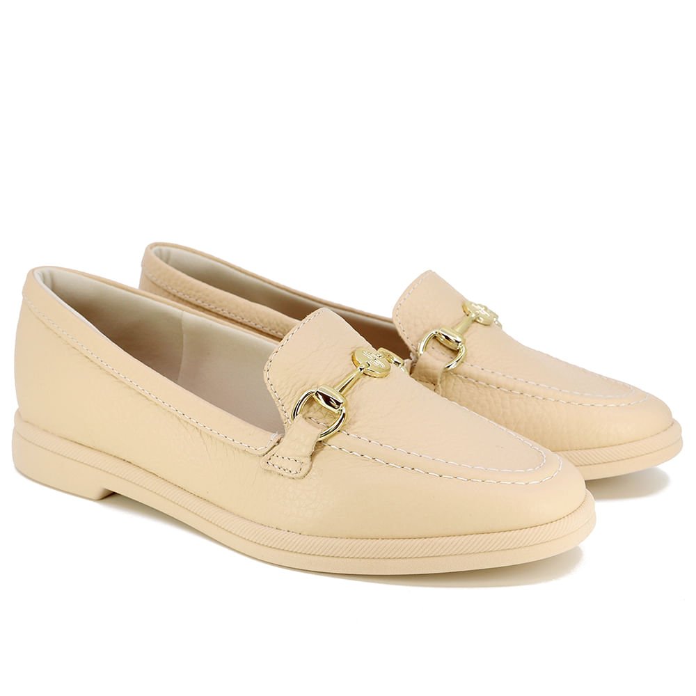 Loafer Bege Salto Bloco Couro Fivela Bege 2