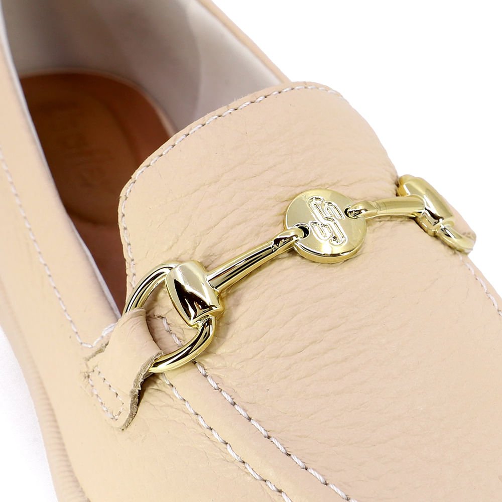 Loafer Bege Salto Bloco Couro Fivela Bege 4