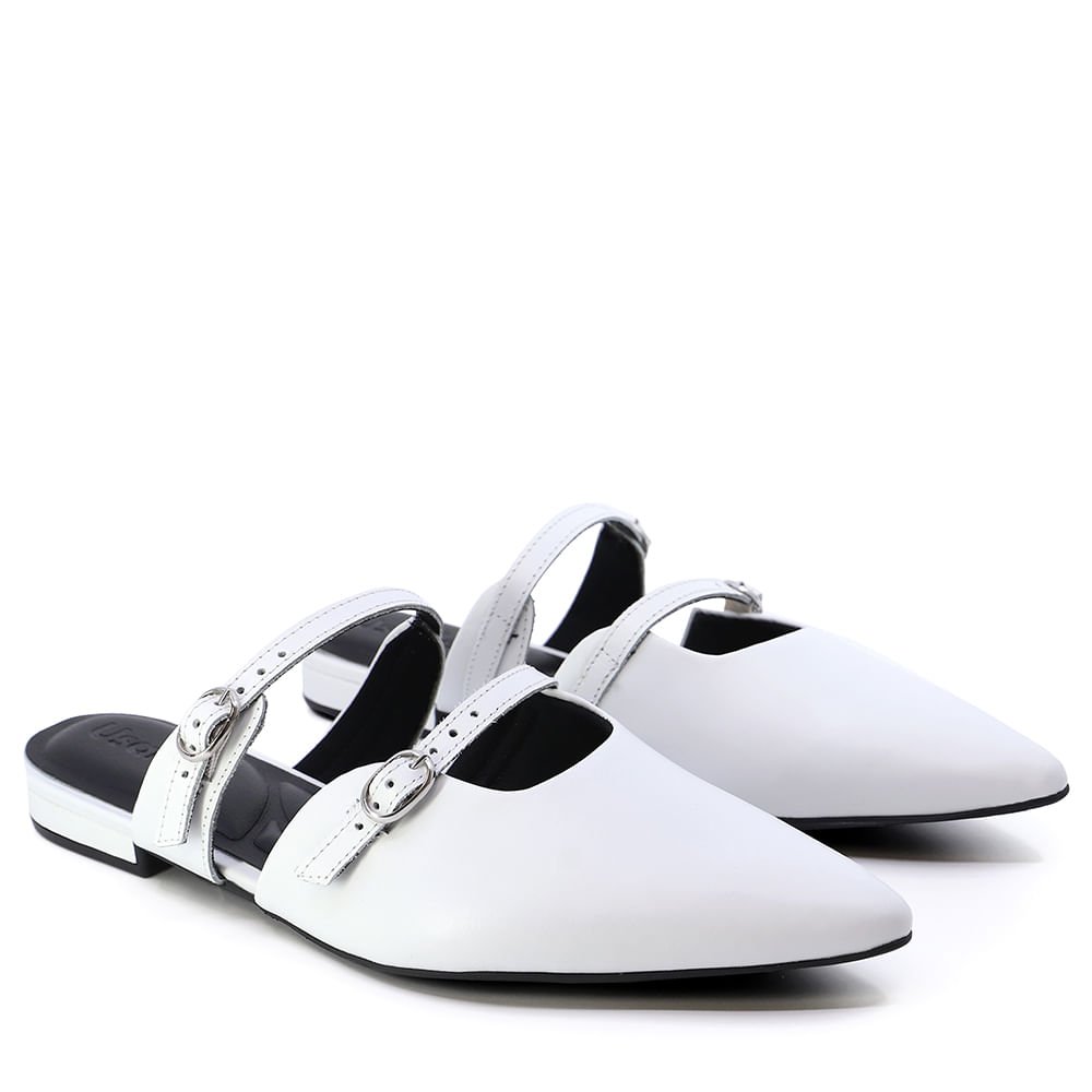 Mule Branco Bico Fino Couro Fivela Branco 2