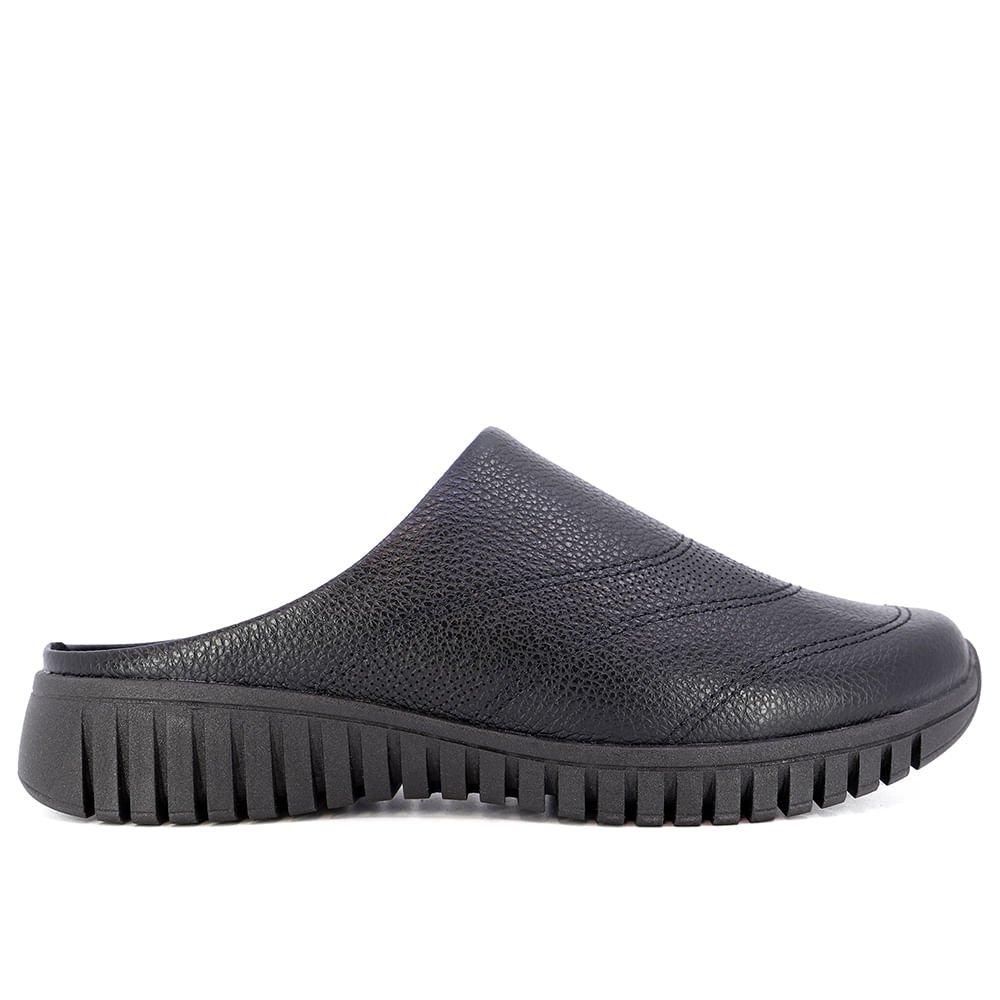 Mule Preto Bico Redondo Couro Detalhe Vazado