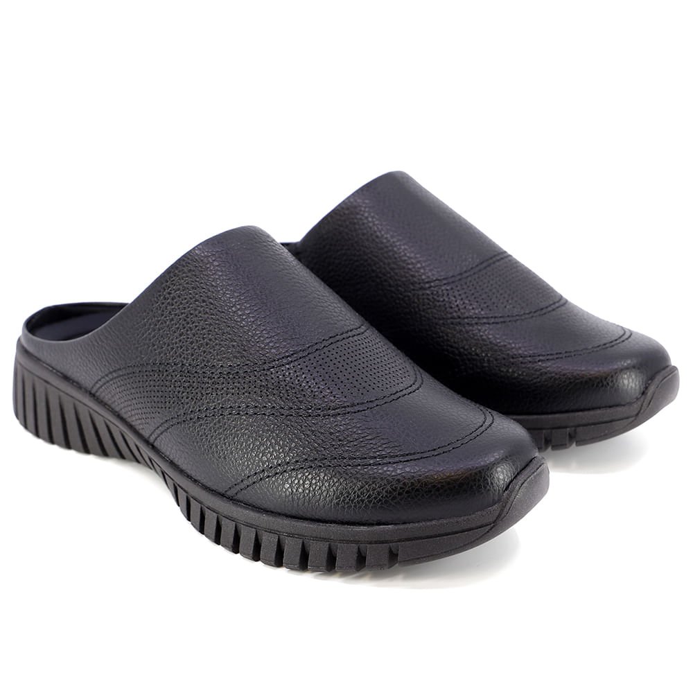 Mule Preto Bico Redondo Couro Detalhe Vazado Preto 2