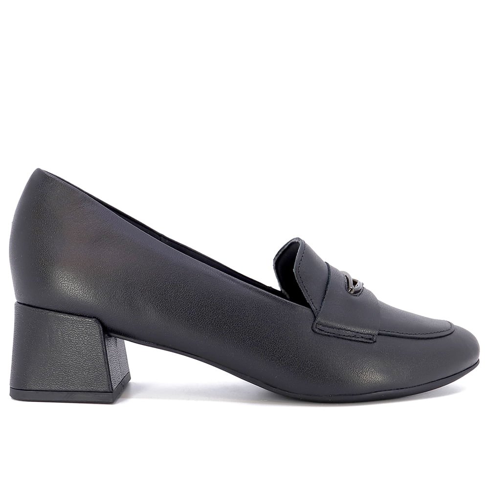 Scarpin Preto Salto Bloco Couro Enfeite