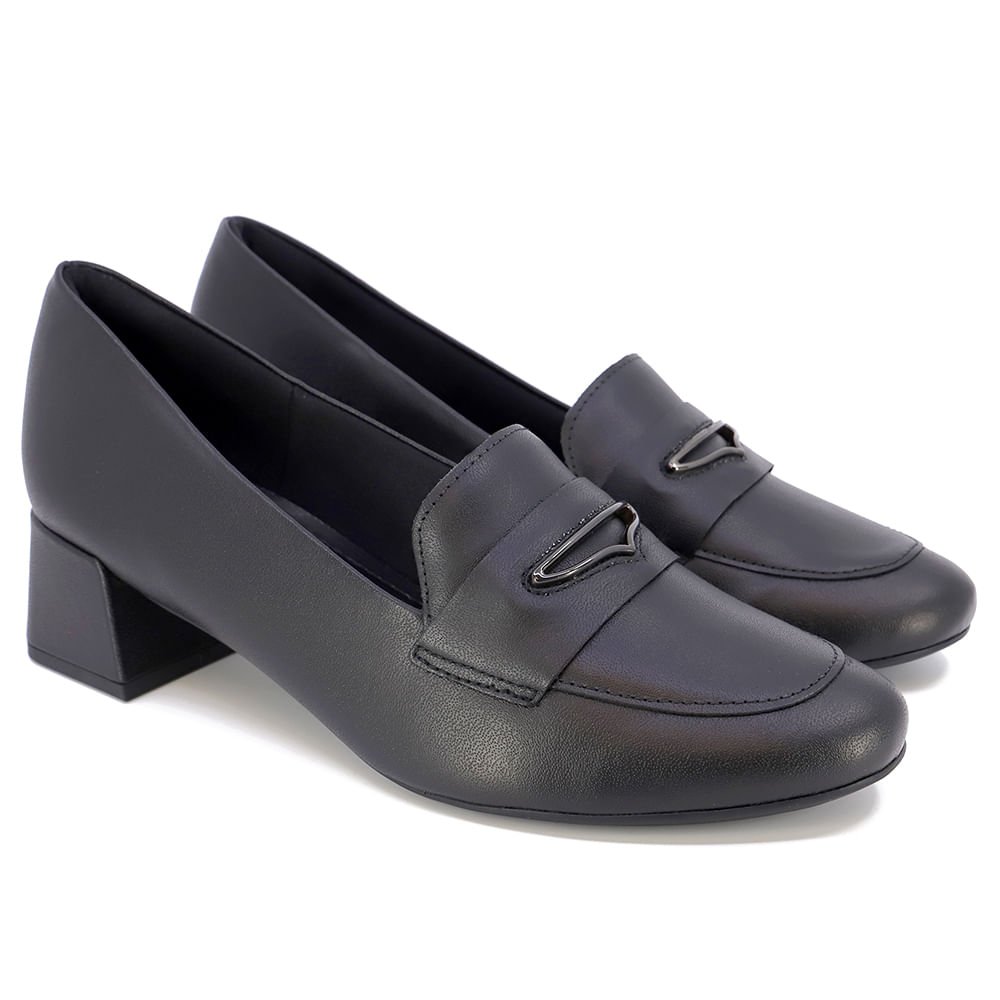 Scarpin Preto Salto Bloco Couro Enfeite Preto 2