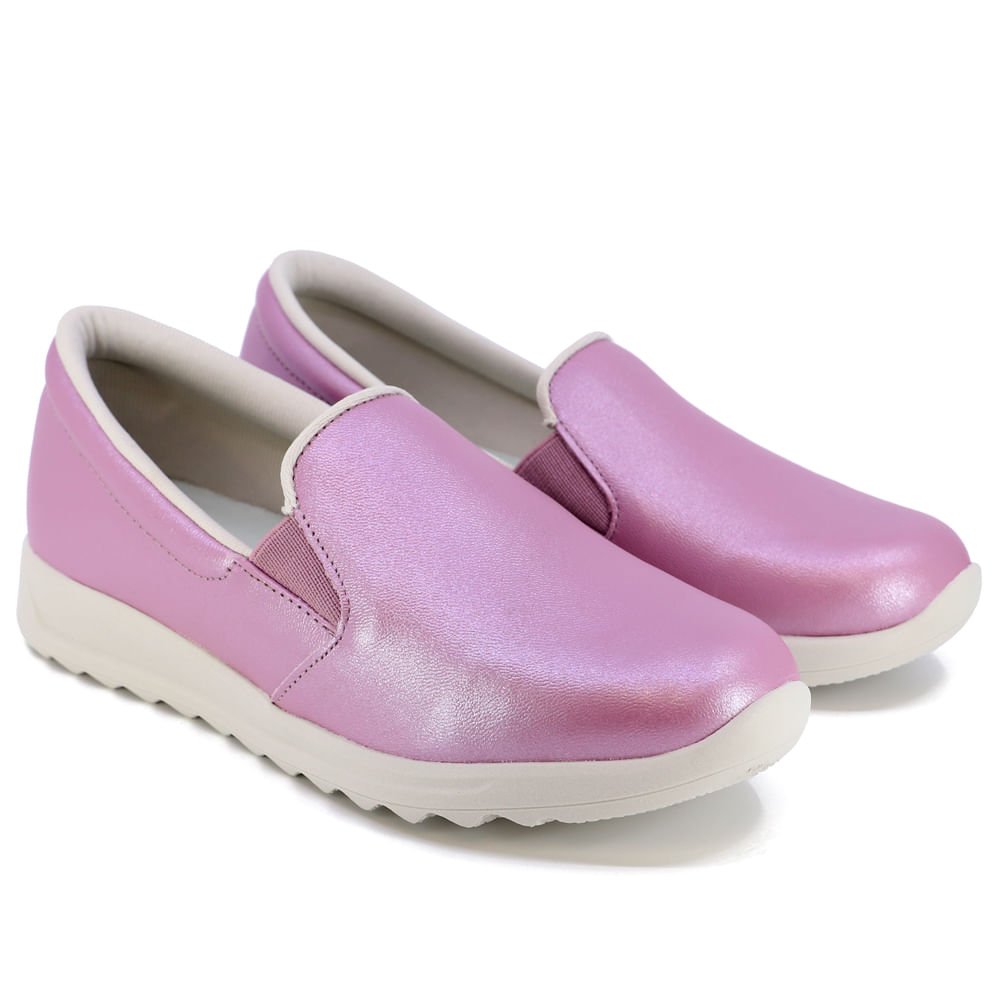 Tênis Slip On Couro Rosa Perolado Elástico Lateral Roxo 2
