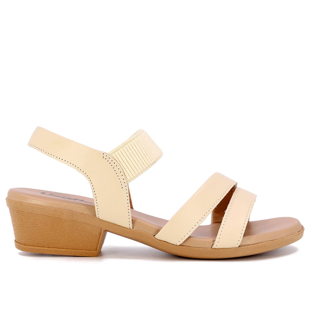 Sandália Salto Bloco Couro Bege Ajuste Elástico