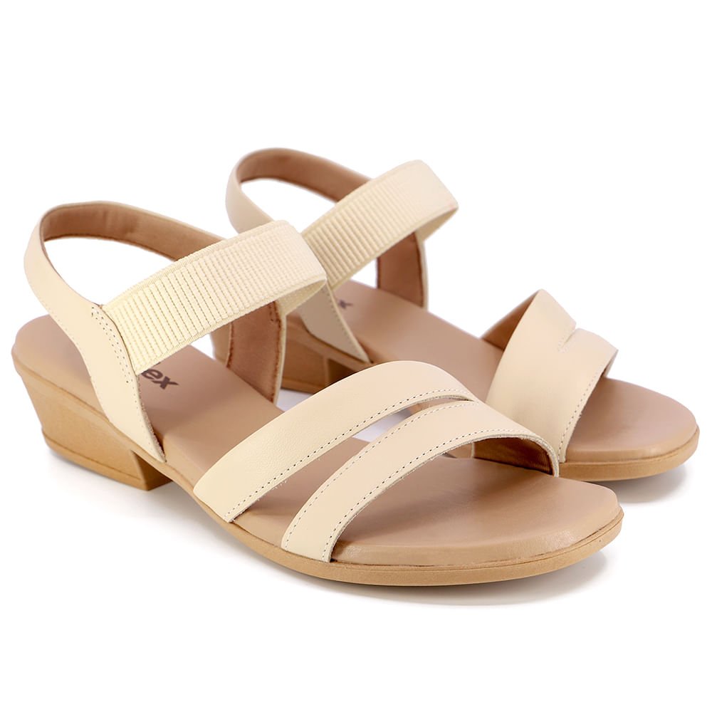 Sandália Salto Bloco Couro Bege Ajuste Elástico Bege 2