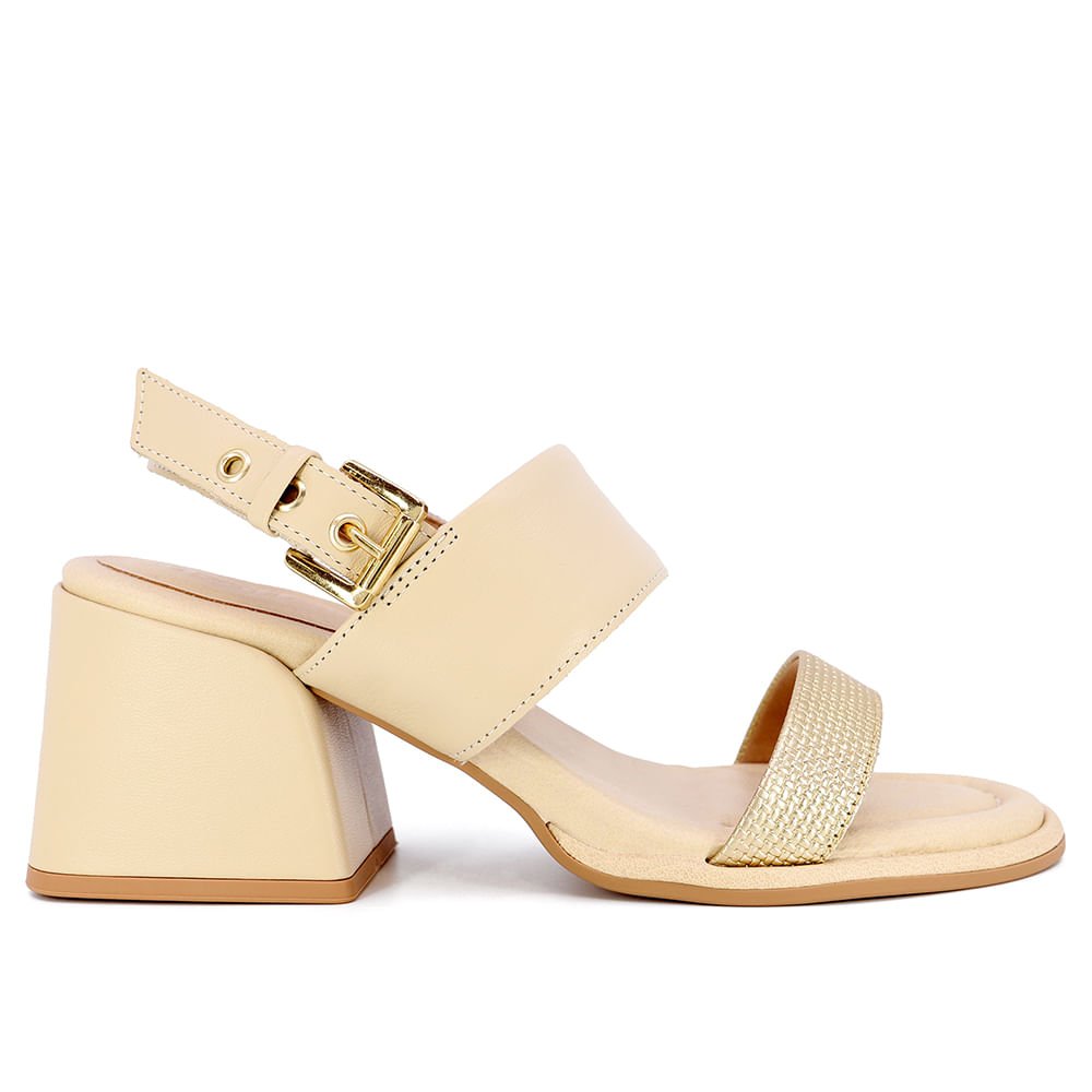Sandália Salto Bloco Couro Bege Detalhe Dourado