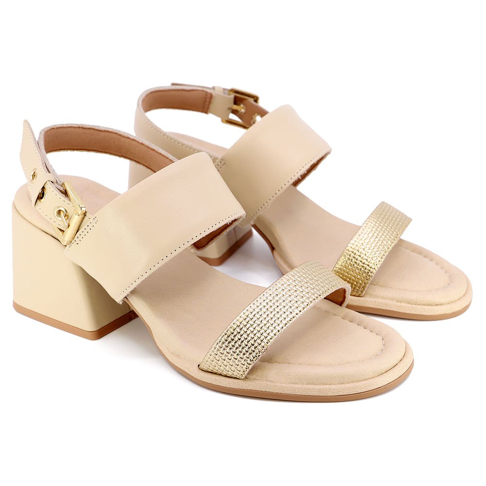 Sandália Salto Bloco Couro Bege Detalhe Dourado Bege 2