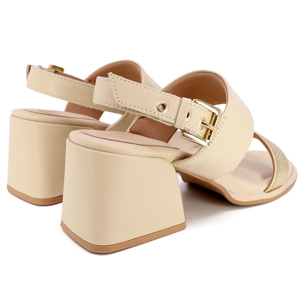 Sandália Salto Bloco Couro Bege Detalhe Dourado Bege 3