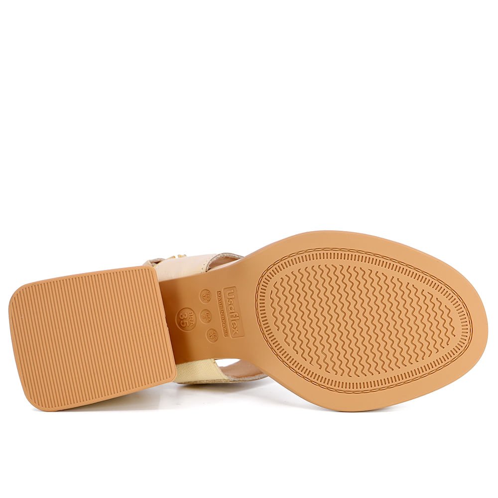 Sandália Salto Bloco Couro Bege Detalhe Dourado Bege 5