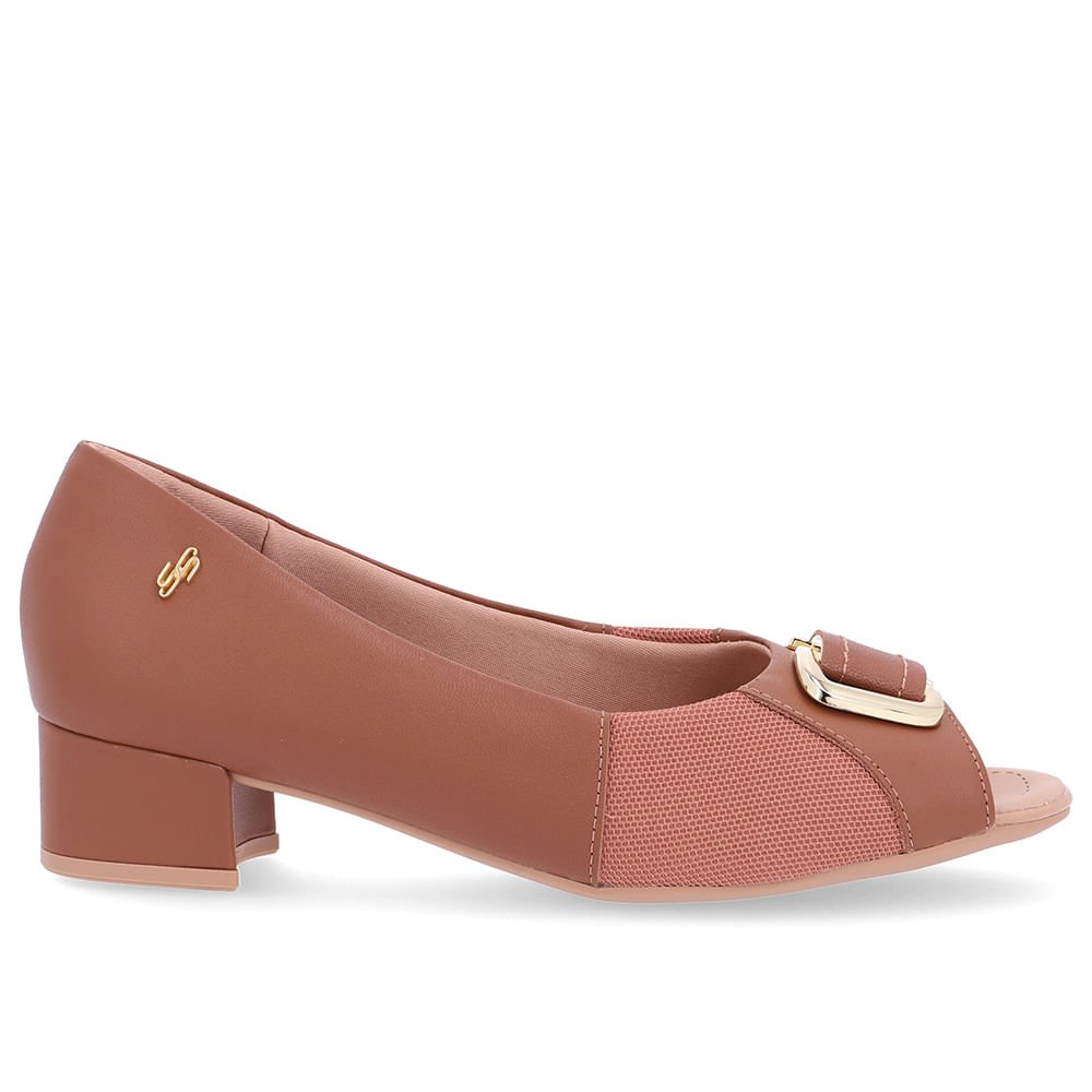 Peep Toe Salto Bloco Marrom Couro Enfeite