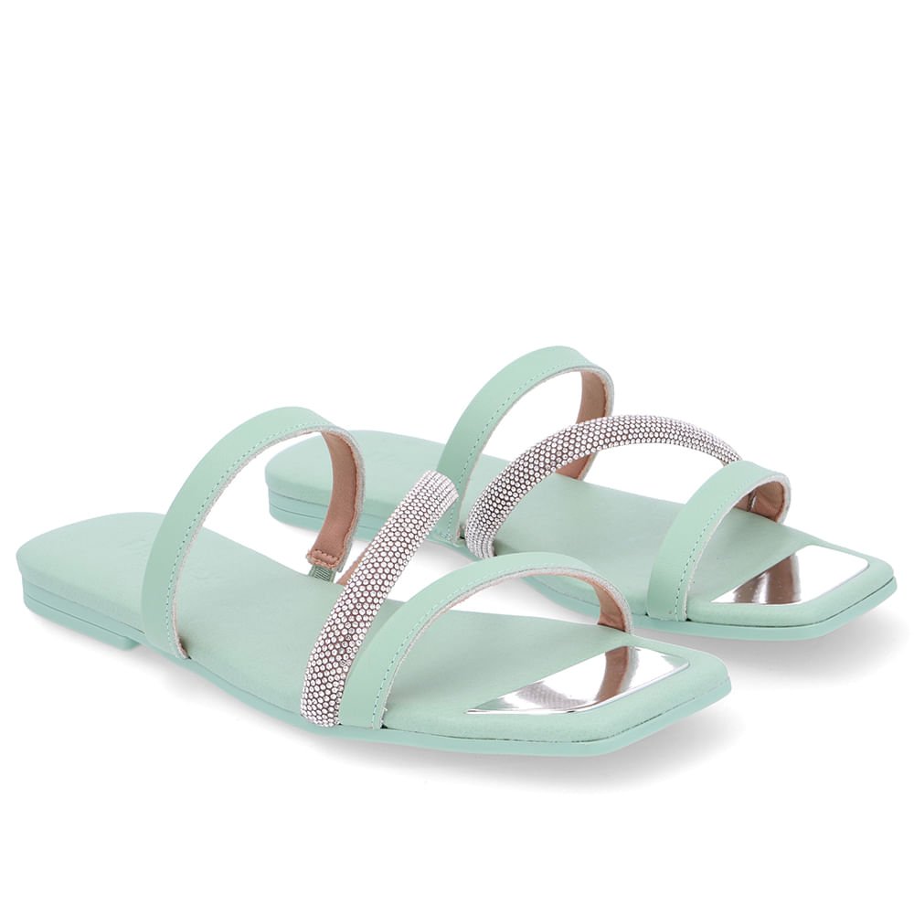 Rasteira Bico Quadrado Couro Verde Strass Verde 2