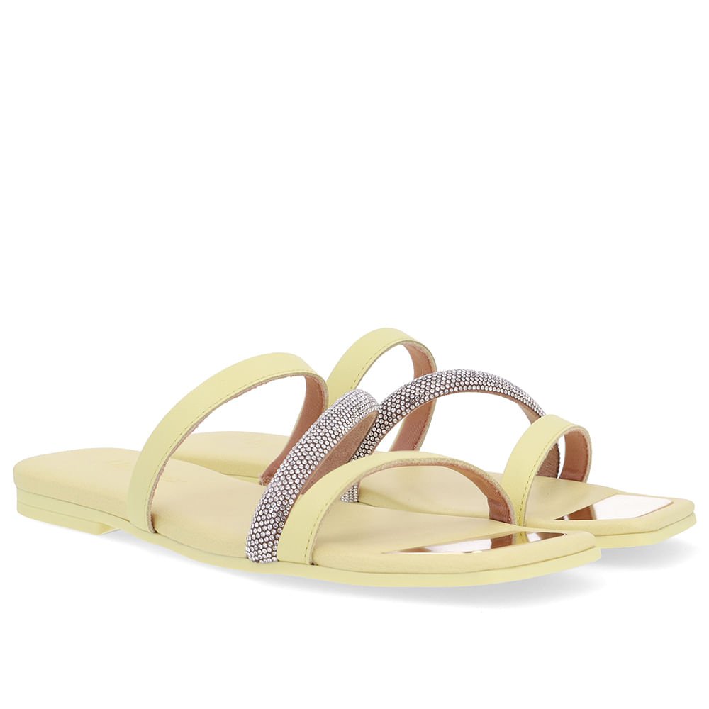Rasteira Bico Quadrado Couro Amarelo Strass Amarelo 3
