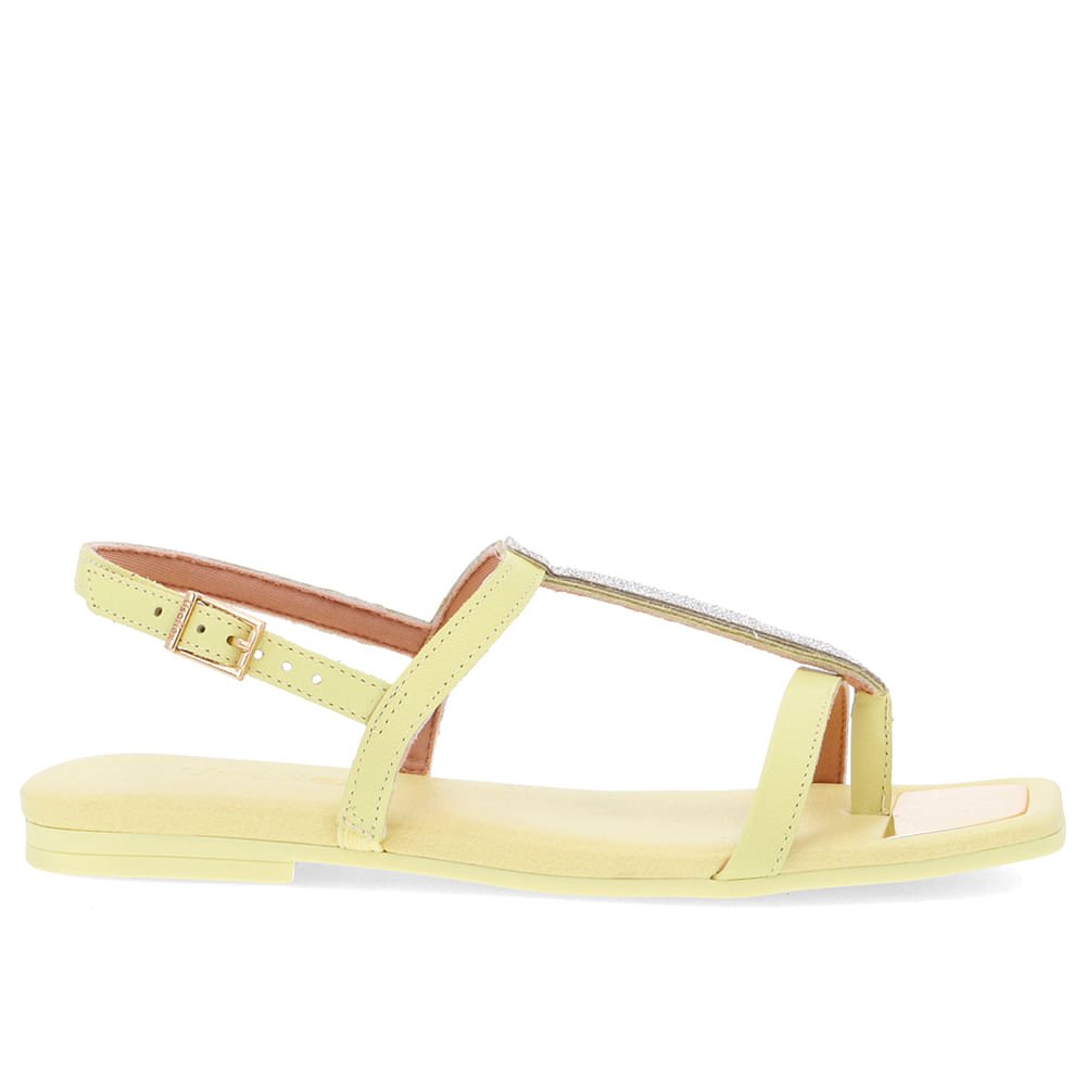 Sandália Bico Quadrado Couro Amarelo Strass