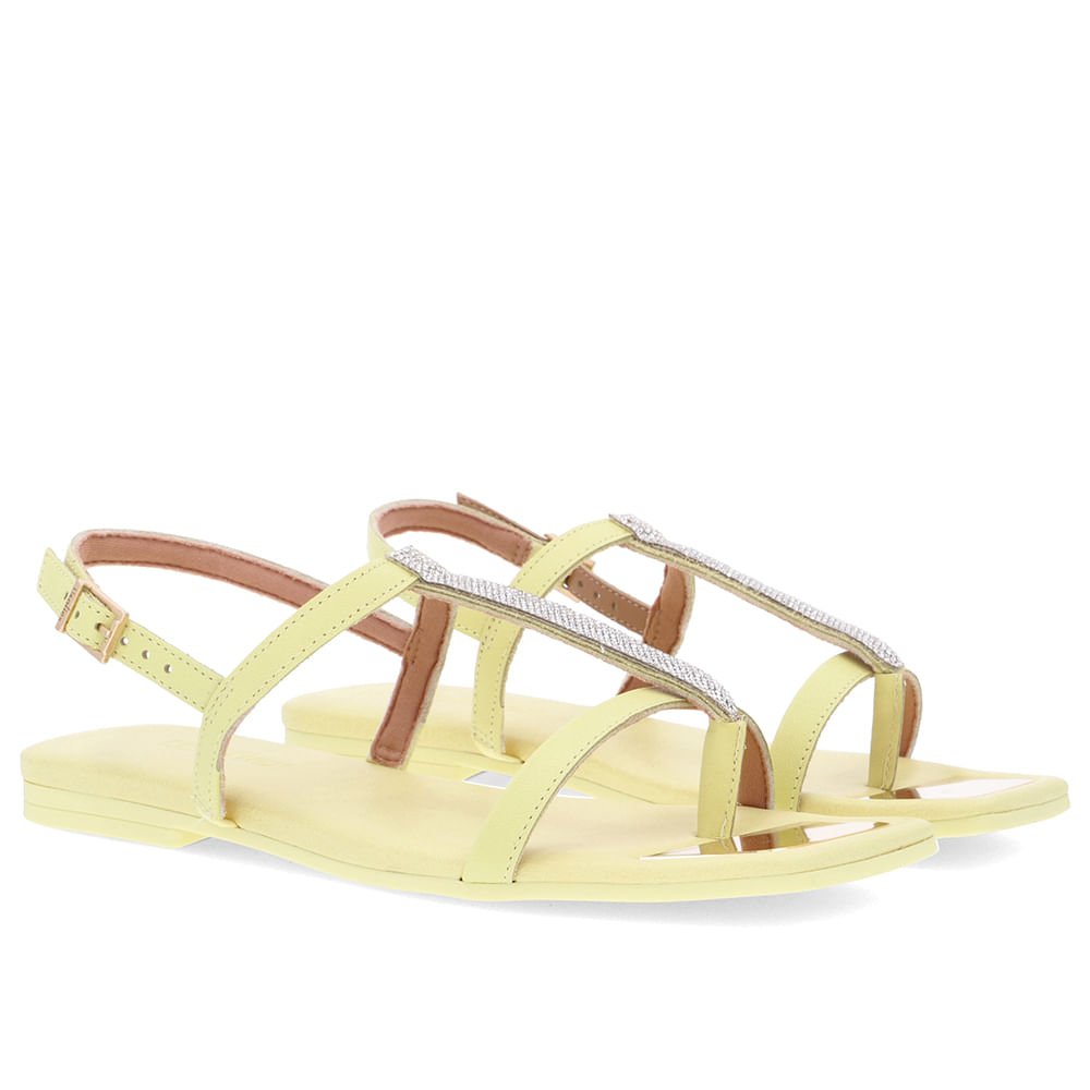 Sandália Bico Quadrado Couro Amarelo Strass Amarelo 2