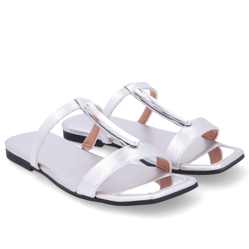 Rasteira Bico Quadrado Couro Prata Prata 2