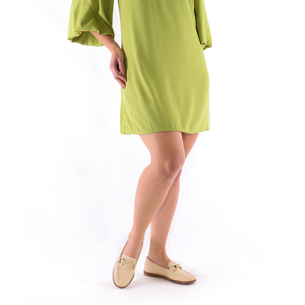 Loafer Bege Salto Bloco Couro Básico Bege 4