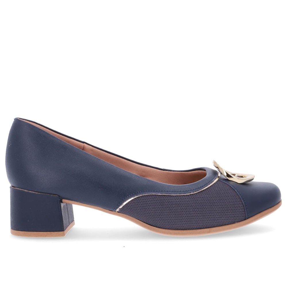 Scarpin Azul Salto Bloco Couro Detalhe Dourado