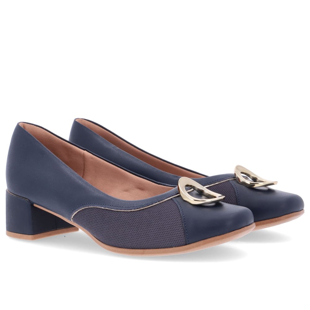 Scarpin Azul Salto Bloco Couro Detalhe Dourado Azul 2