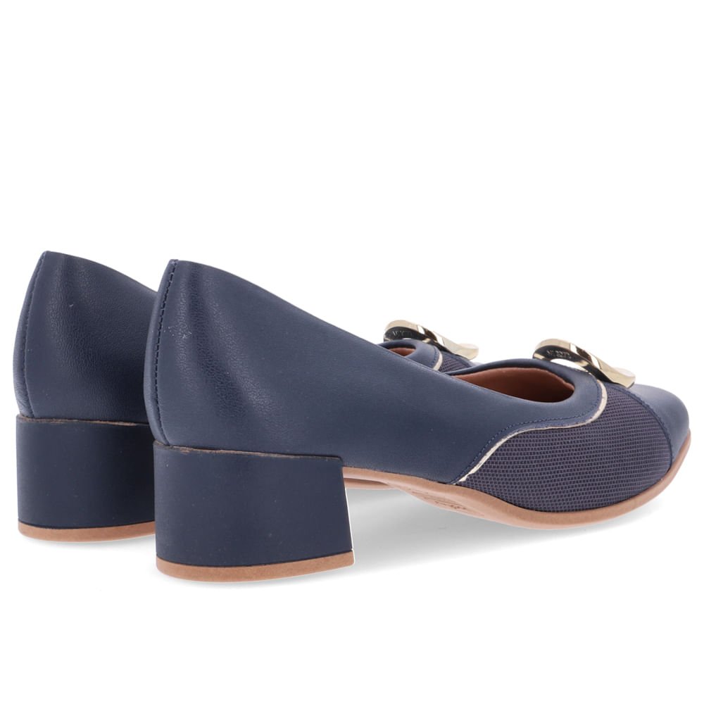 Scarpin Azul Salto Bloco Couro Detalhe Dourado Azul 3