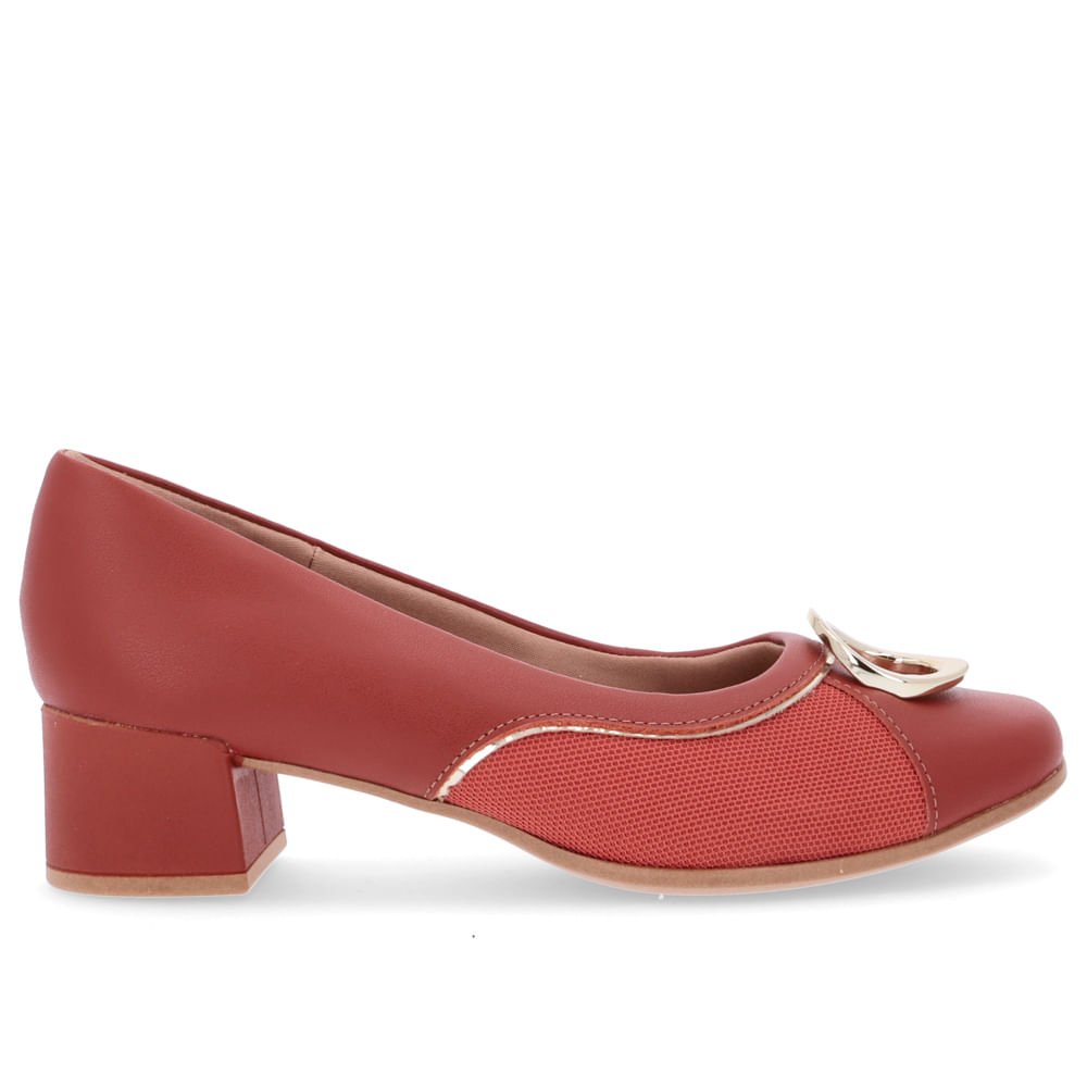 Scarpin Marrom Salto Bloco Couro Detalhe Dourado