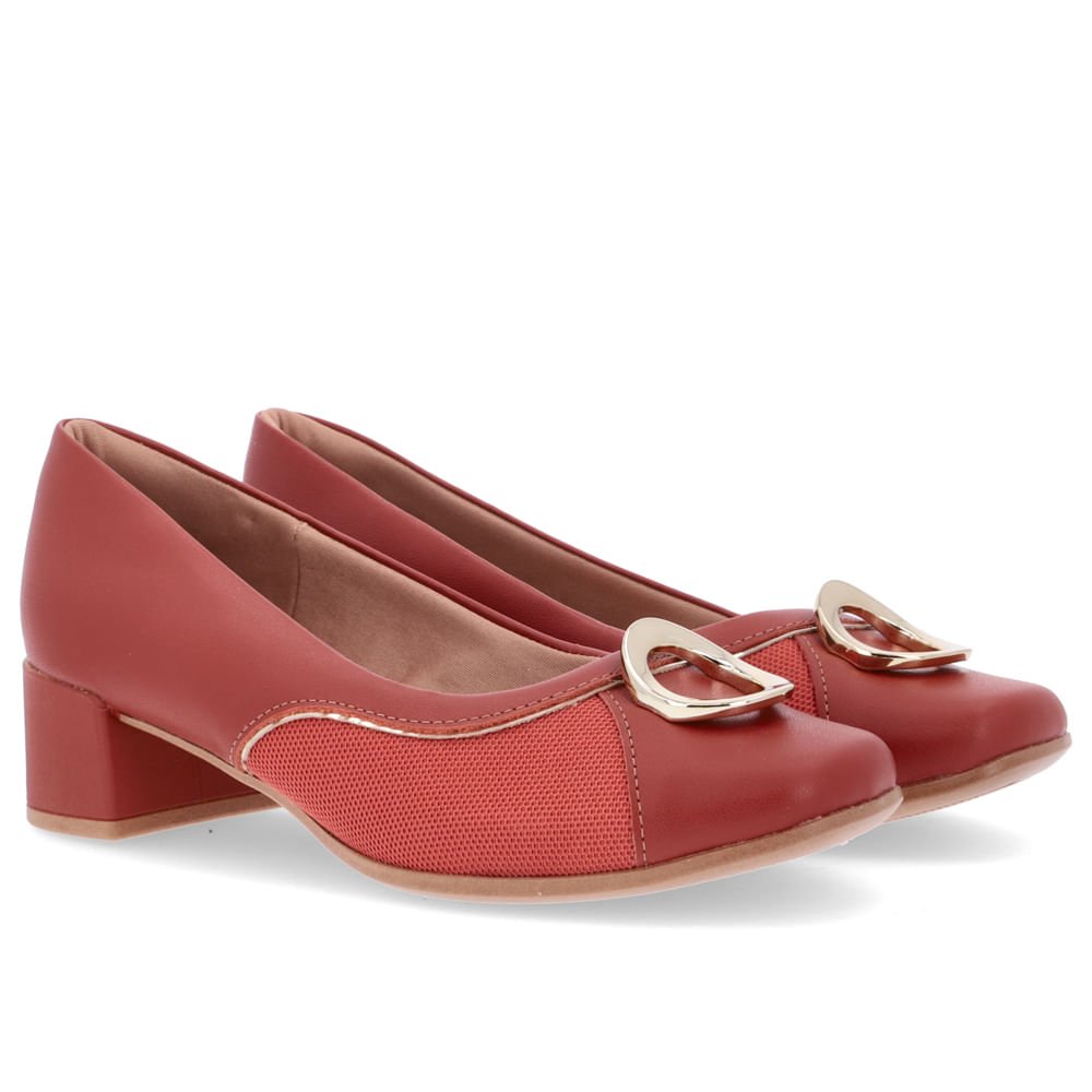 Scarpin Marrom Salto Bloco Couro Detalhe Dourado Marrom 2