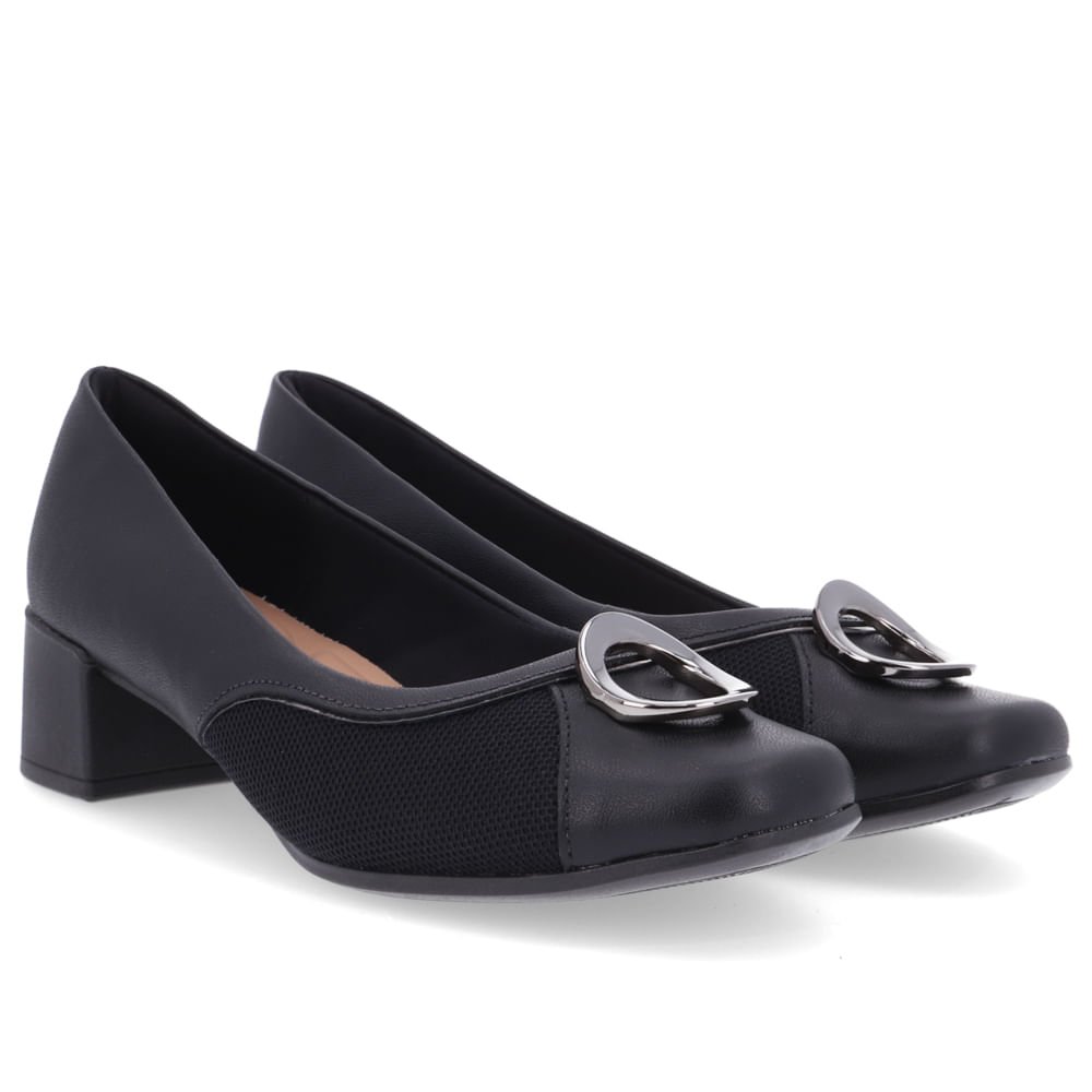 Scarpin Preto Salto Bloco Couro Detalhe Prata Preto 2