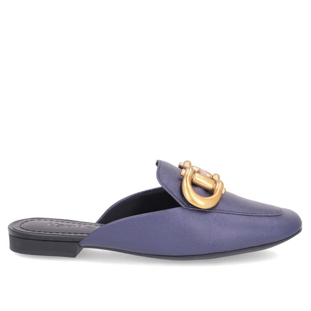 Mule Azul Bico Quadrado Couro Enfeite Fosco