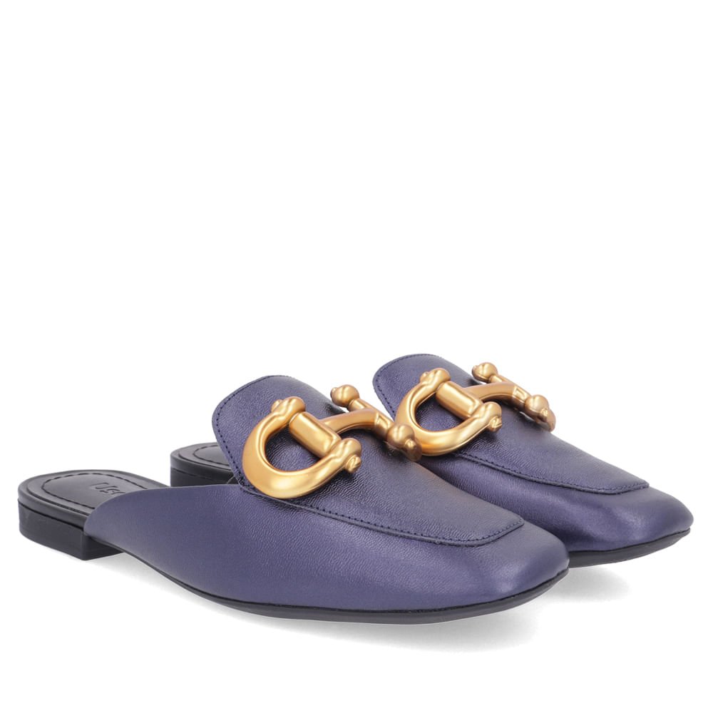 Mule Azul Bico Quadrado Couro Enfeite Fosco Azul 2