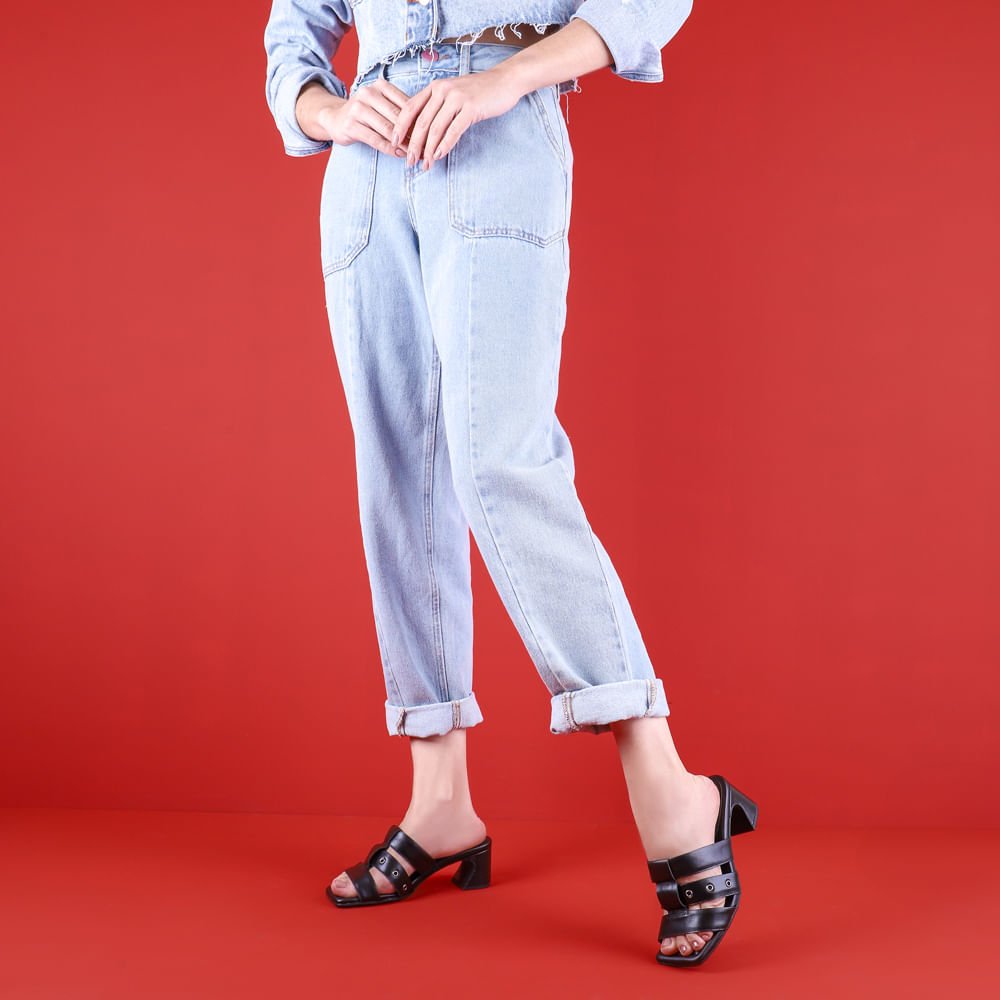 Tamanco Salto Geométrico Couro Preto Tiras Preto 4