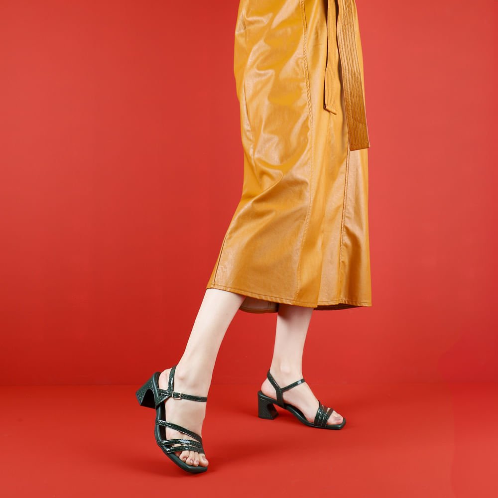 Sandália Usaflex Salto Geométrico Couro Verde Tiras Feminino Verde 4