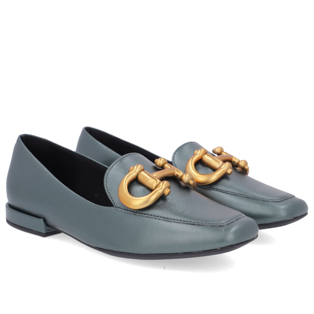 Loafer Verde Couro Básico Enfeite Escovado Verde 2