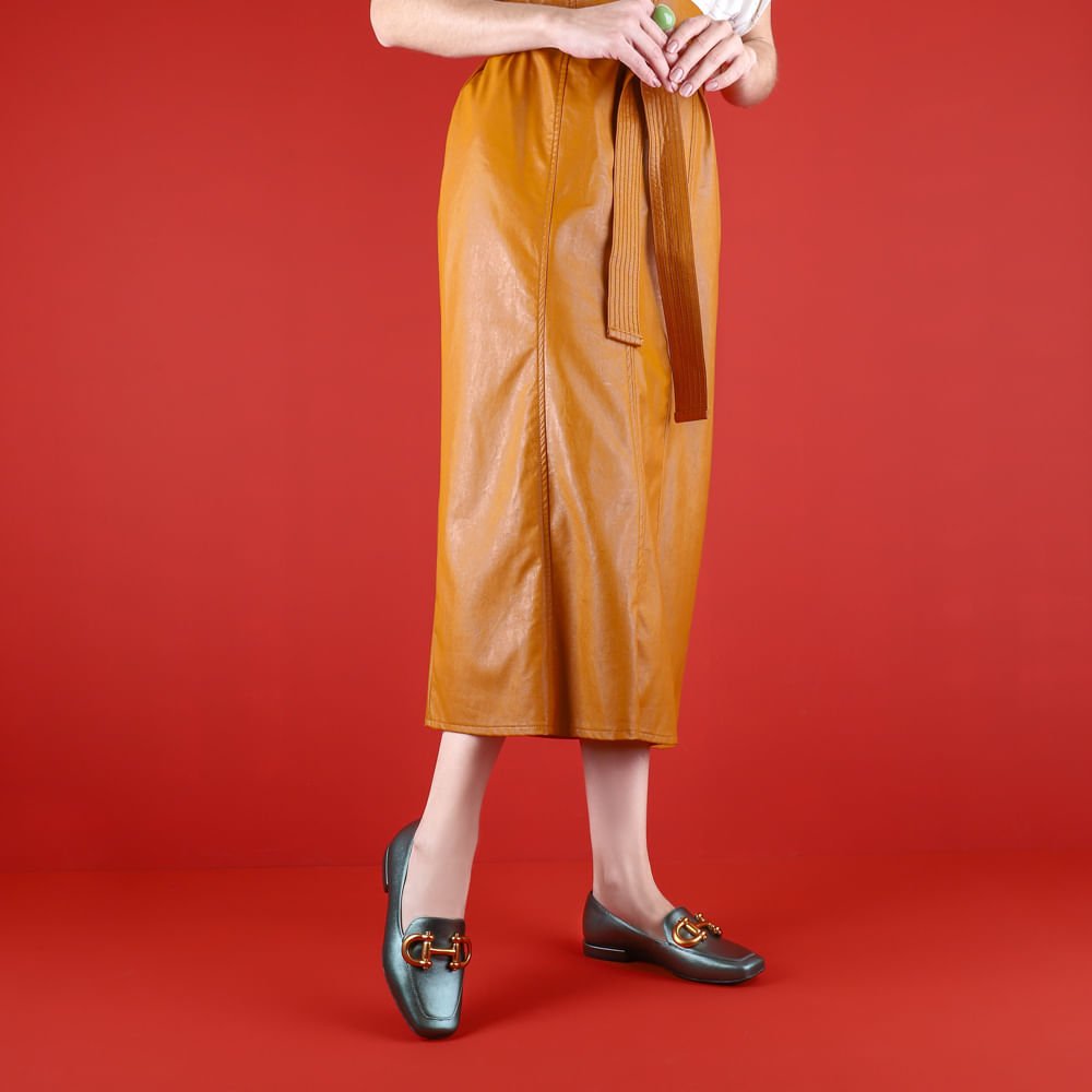 Loafer Verde Couro Básico Enfeite Escovado Verde 4